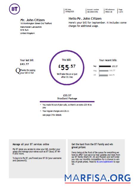 Blank United Kingdom BT utility bill template in Word and PDF formats